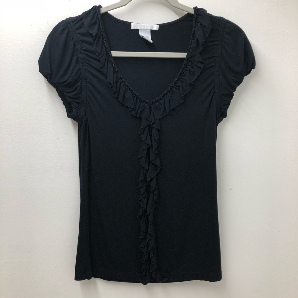 Design History Soft Black Ruffled Short Sleeve Womens Top Size S